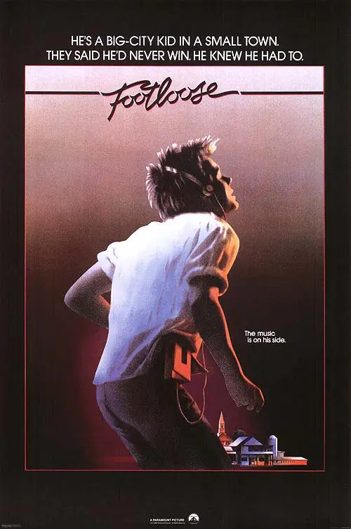 A poster of footloose with the movie title in black.