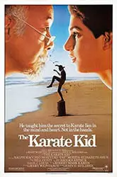 A poster of the karate kid with two men on one side and a man on the other.