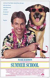 A man and his dog are in front of the movie poster.
