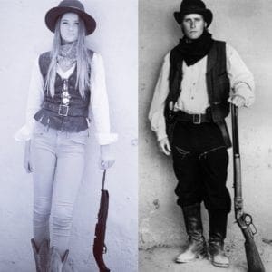 A woman and man dressed as cowboys.