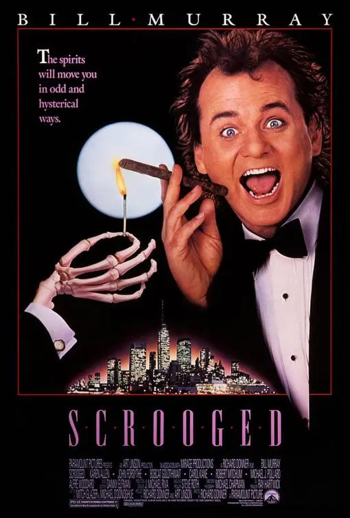 A poster of scrooged with bill murray holding a cigar.