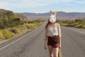 A woman wearing a bunny mask walking down the street.