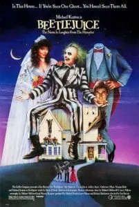 A poster of beetlejuice with the characters sitting on top.