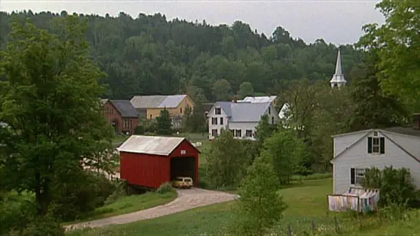 A red covered bridge in the middle of a green valley.