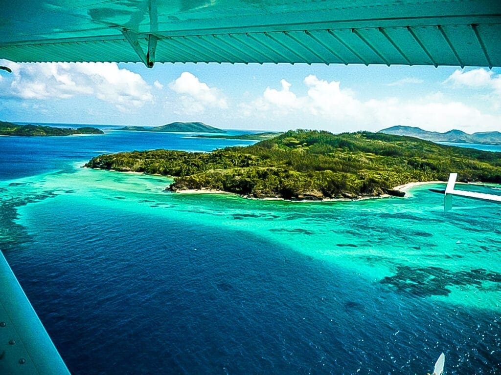 A view of an island from the air.