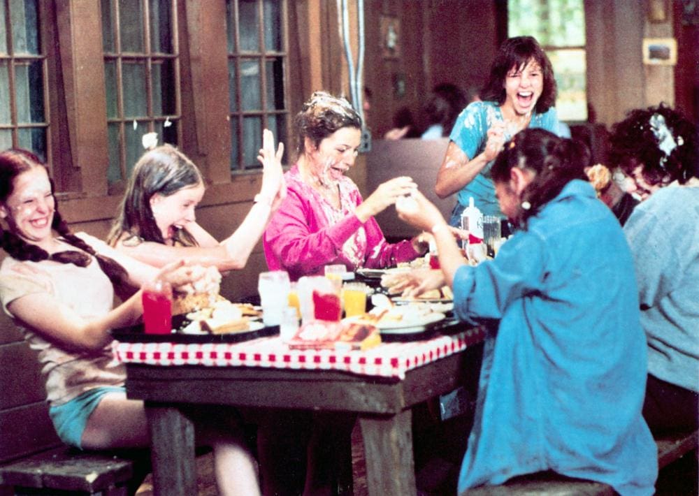 A group of people sitting at a table eating.