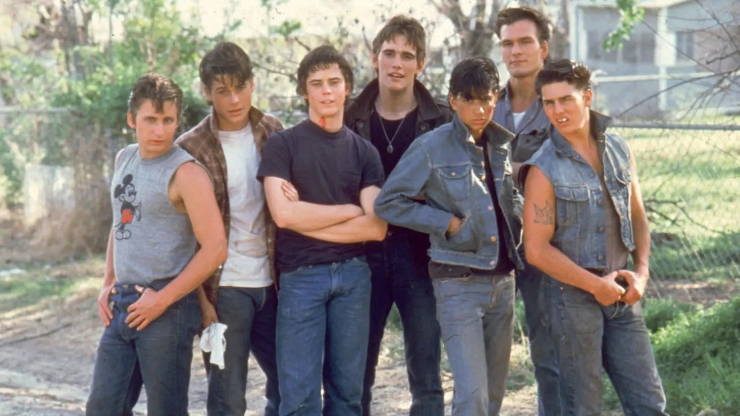 The cast playing The Greasers in THE OUTSIDERS: Emilio Estevez, Rob Lowe, C...